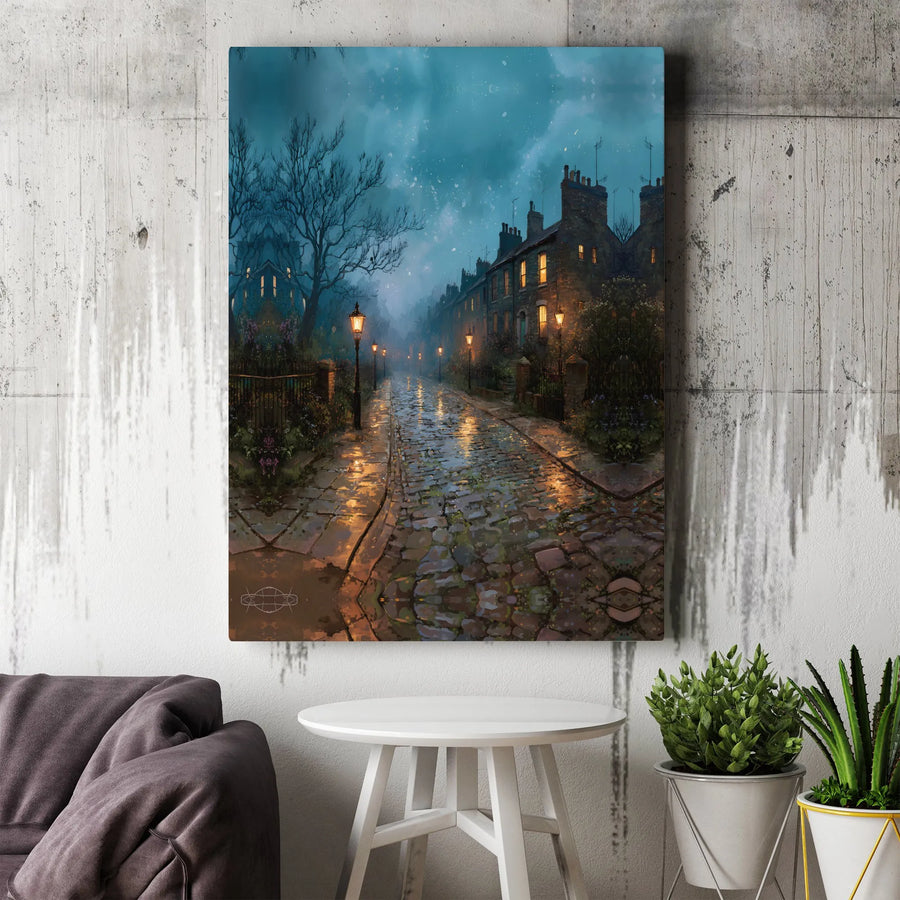 Victorian Rainy Night Canvas Print | Moody Gaslamp Cobblestone Street Scene | Premium Gallery Wrapped Art | Dark Academia Aesthetic Home Decor Gift