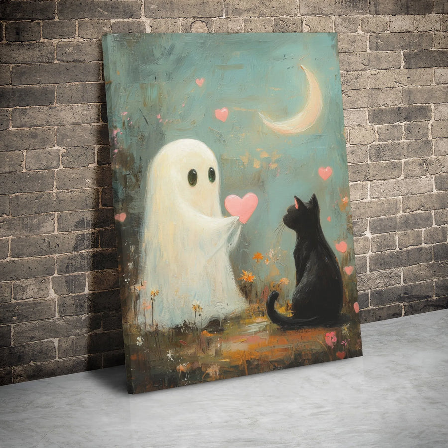 Cute Ghost and Black Cat Wall Art | Whimsical Spooky Love Illustration | Premium 1.25-Inch Gallery Wrap Canvas | Unique Gift for Animal Lovers