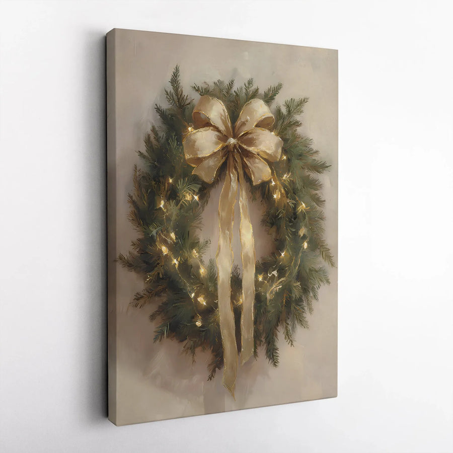 Christmas Wreath Canvas Wall Art | Elegant Gold Bow and Fairy Lights Print | Gallery Quality 1.25 Inch Canvas | Holiday Home Decor Gift