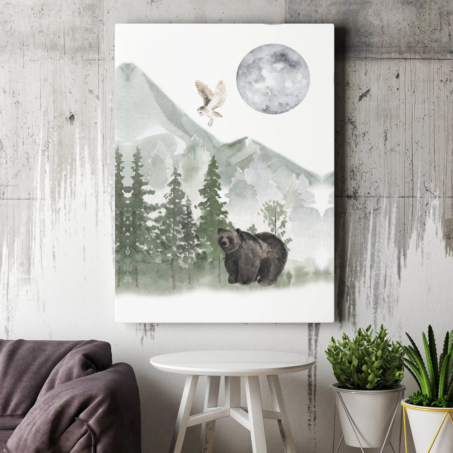 Watercolor Bear Wall Art | Mountain Forest Owl Under Full Moon | Premium Gallery Wrap Canvas | Rustic Nature Home Decor Gift