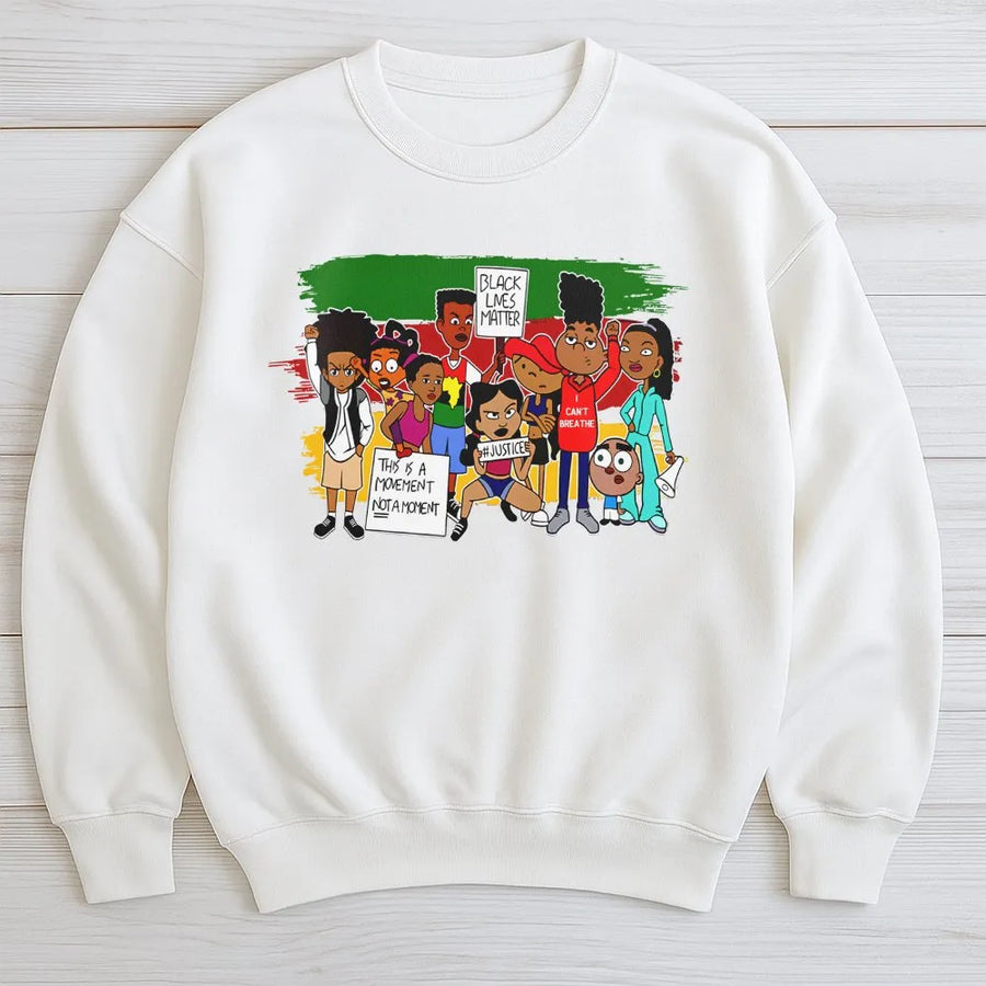Black Lives Matter Graphic Sweatshirt | BLM Cartoon Art Movement Design | Premium Cotton Blend Crewneck | Unisex Equality Activism Apparel Gift