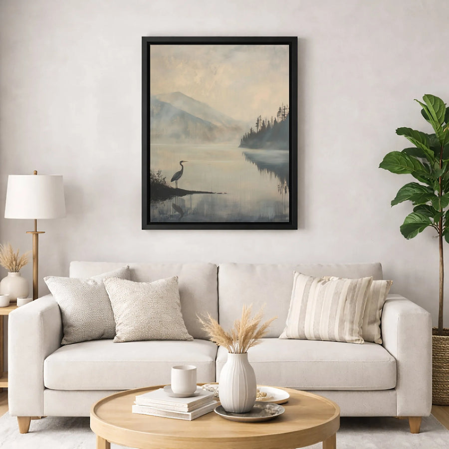 Misty Lake Heron Canvas Print | Serene Mountain Forest Landscape Art | 1.25-Inch Gallery Wrap Profile | Nature Lover Home Decor Gift