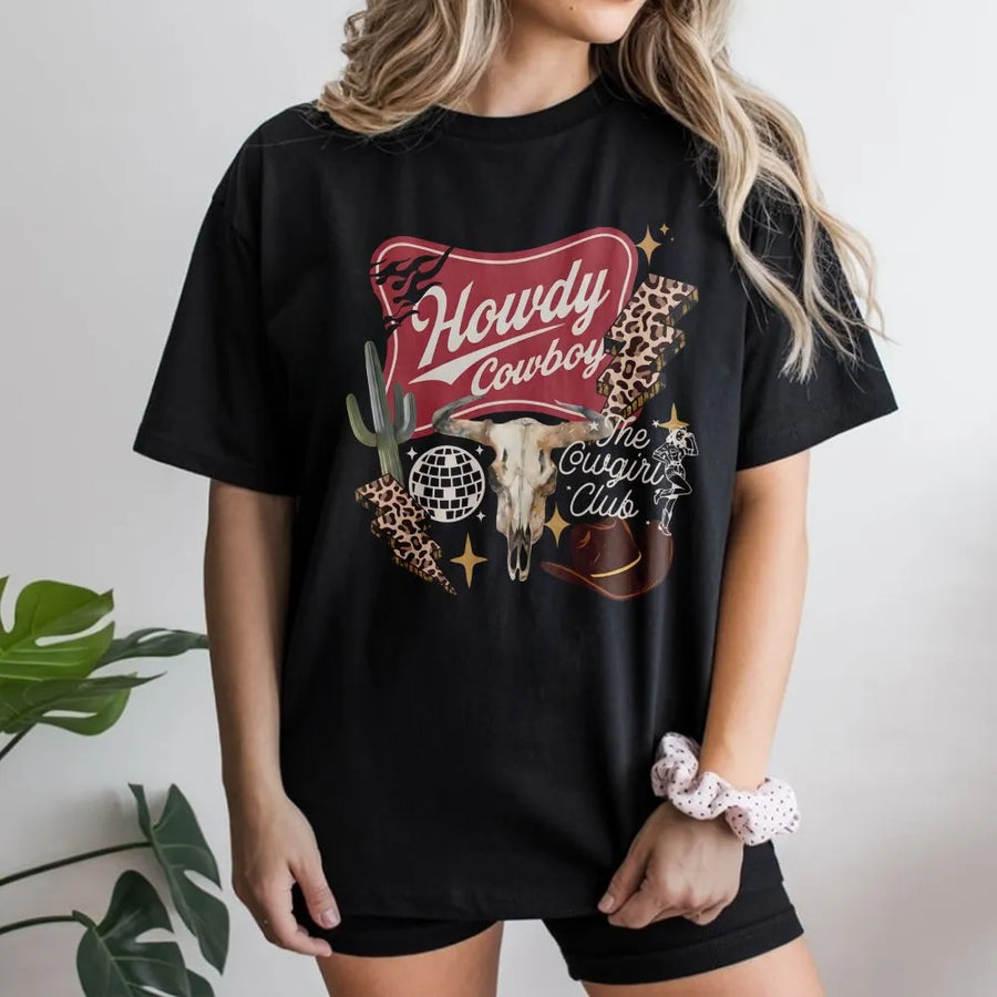 Western Collage T-Shirt | Cowgirl Club Graphic with Cowboy Skull & Disco Ball | Premium Cotton Blend Sweatshirt | Country Concert Gift for Women