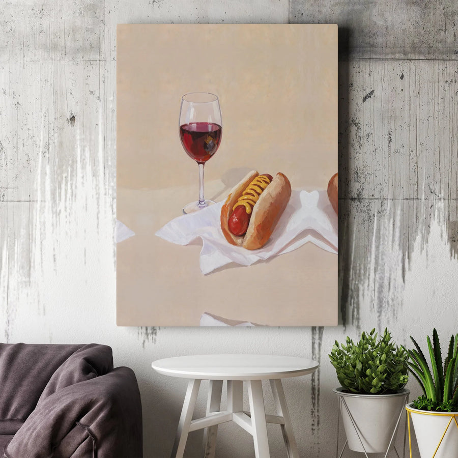 Hot Dog and Wine Painting Canvas | Humorous Still Life Modern Pop Art | Premium Gallery Wrapped Canvas | Unique Kitchen & Bar Wall Decor Gift