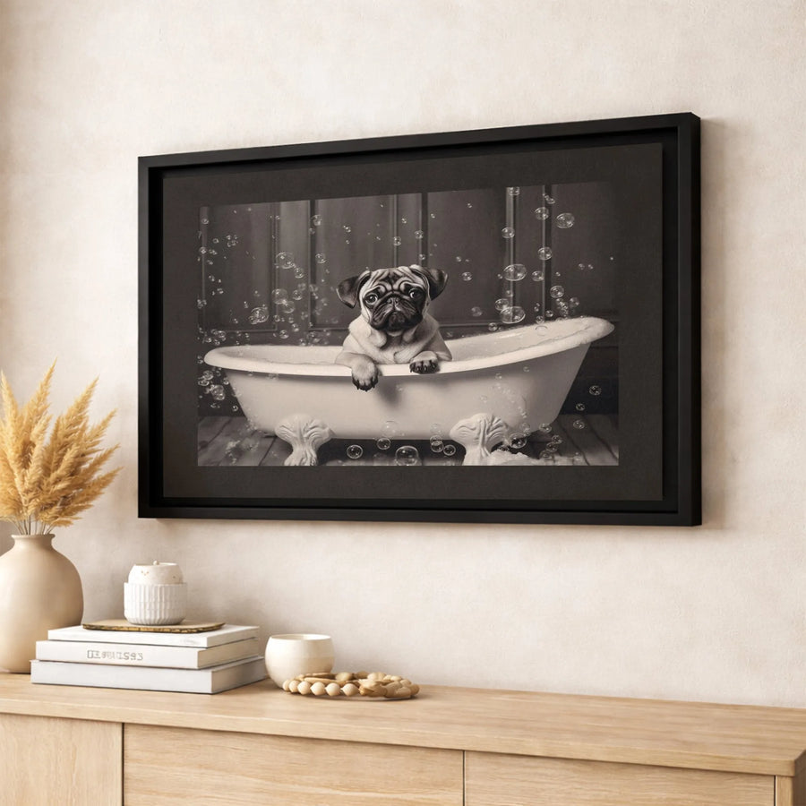 Pug in Bathtub Wall Art | Cute Puppy Bubble Bath Portrait | Premium Black and White Canvas Print | Bathroom Decor Gift for Dog Lovers