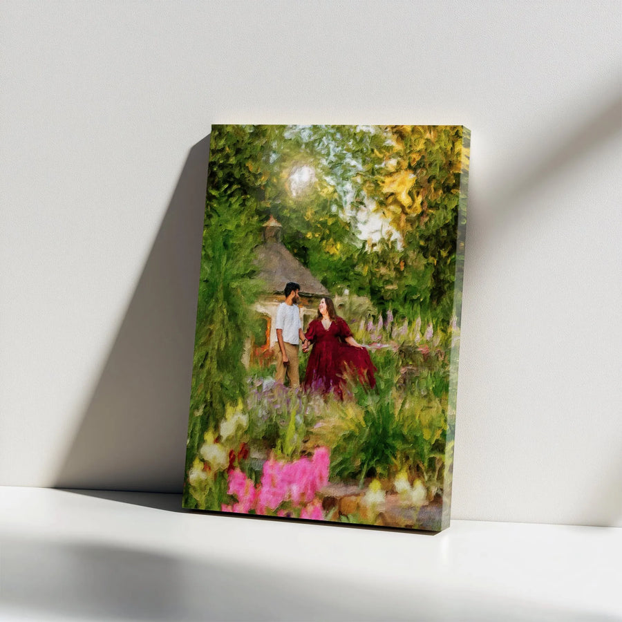 Romantic Couple Canvas Wall Art | Impressionist Garden Scene Print | Premium Gallery Wrapped Canvas | Anniversary Gift for Him or Her