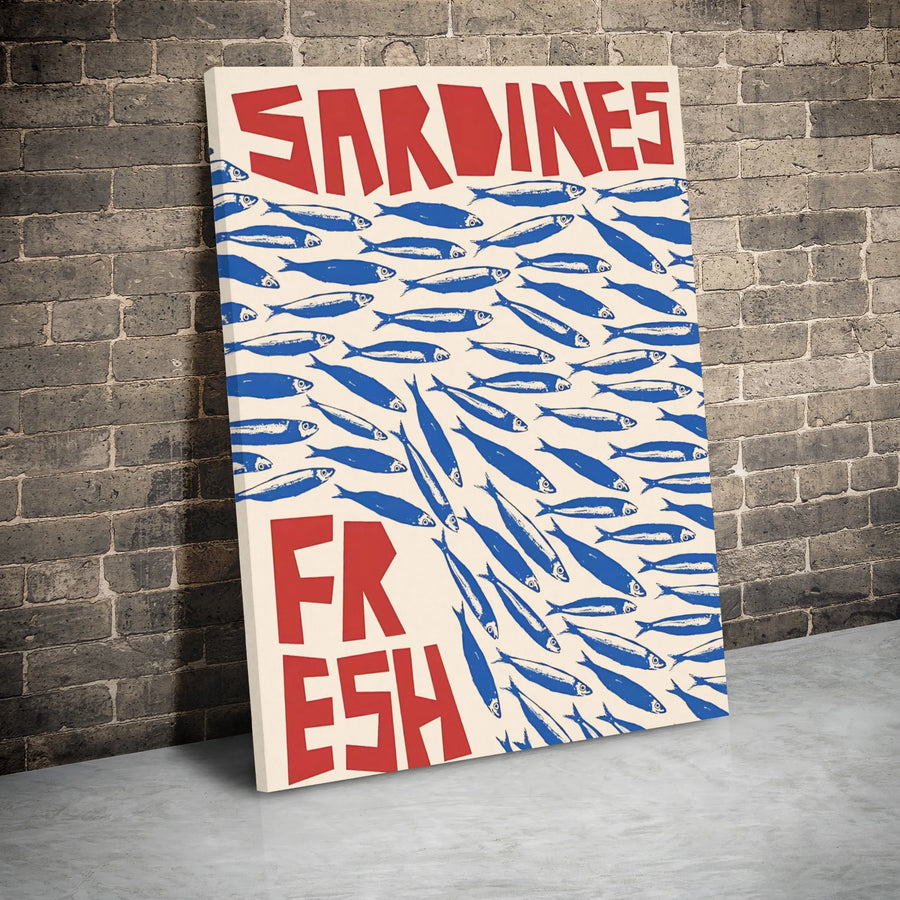 Sardines Fresh Wall Art Canvas | Retro Mediterranean Kitchen Decor | Premium Gallery Wrap Print | Unique Coastal Home Gift
