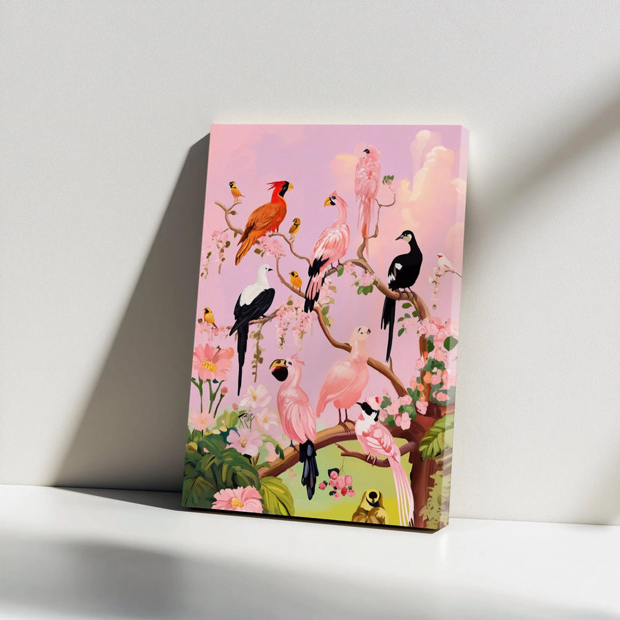 Exotic Birds Vertical Canvas | Vibrant Chinoiserie Style Avian Painting | Premium Gallery Wrapped Wall Art | Collector's Home Decor Gift for Bird Lovers
