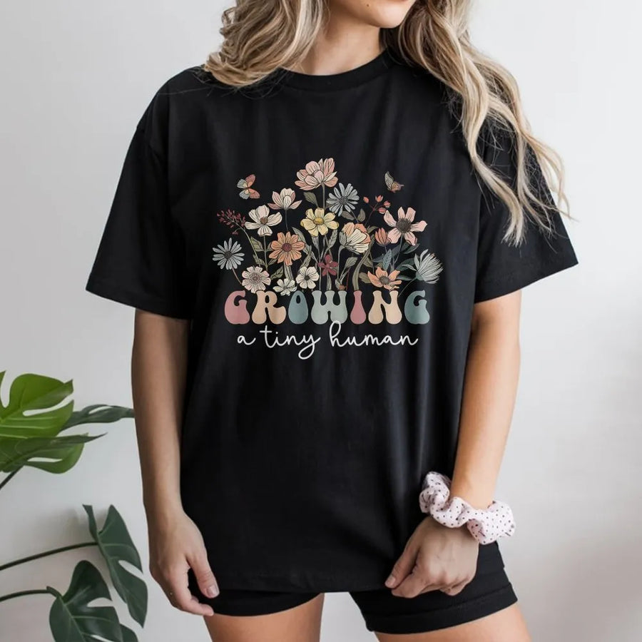 Growing A Tiny Human T-Shirt | Retro Wildflower Pregnancy Announcement | Cozy Cotton Blend | Premium Mom To Be Gift