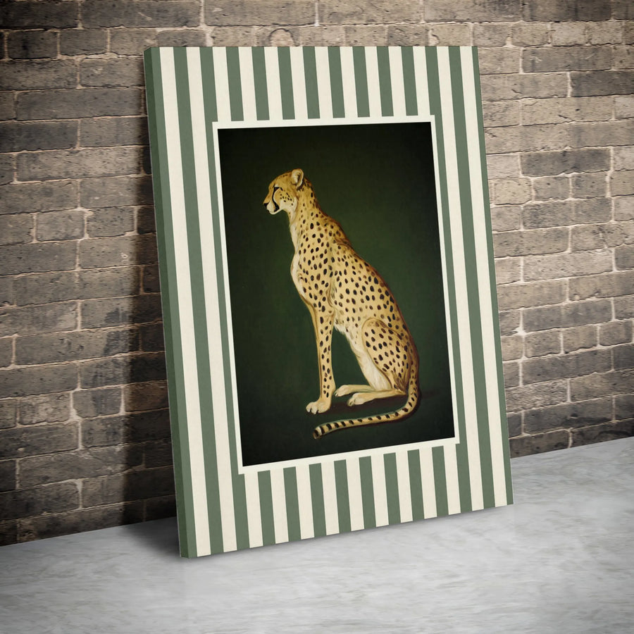 Cheetah Wall Art | Vintage Safari Animal Painting with Striped Border | Premium Gallery-Wrapped Canvas Print | Sophisticated Home Decor Gift