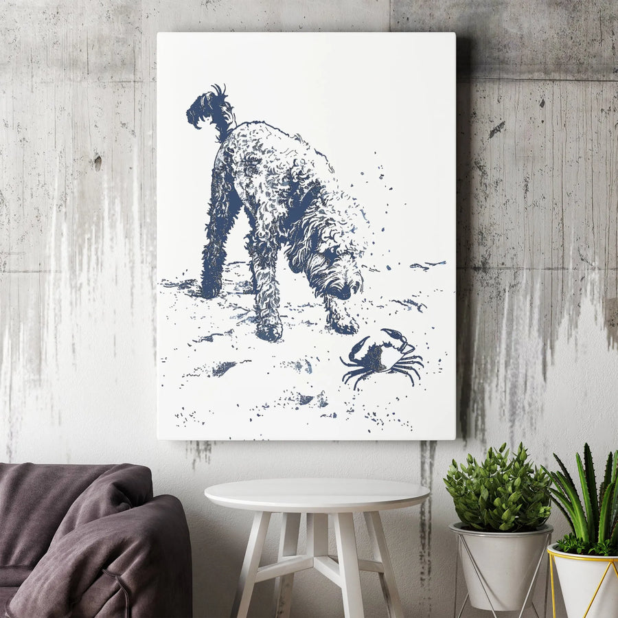 Doodle Dog Wall Art | Coastal Beach Sketch With Crab | Premium Gallery Wrapped Canvas | Gift For Dog Lovers & Ocean Decor Enthusiasts