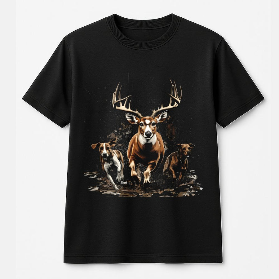 Hunting Deer T-Shirt | Running Buck and Hound Dogs Graphic | 100% Cotton Premium Tee | Outdoorsman Gift for Hunter