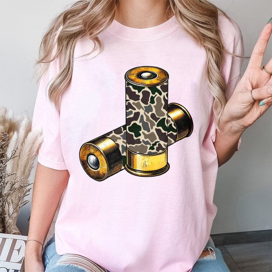 Camo Shotgun Shells T-Shirt | Duck Hunting Ammo Graphic Print | 100% Cotton Premium Tee | Outdoorsman & Hunter Gift