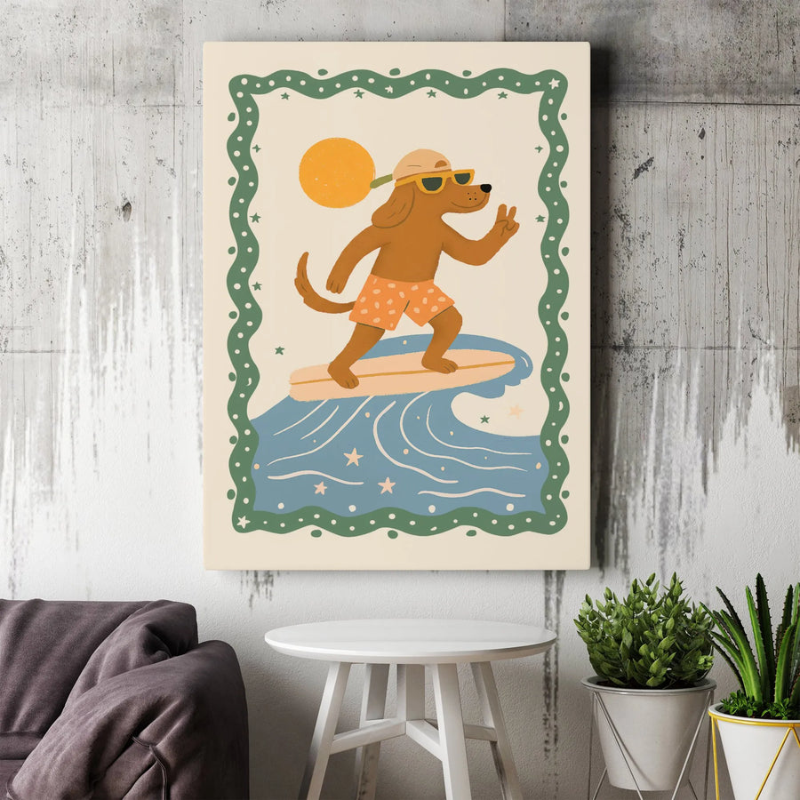 Surfing Dog Canvas Art | Vintage Style Surfer Dog Print | Premium Gallery Wrapped Canvas | Coastal Home Decor Gift for Dog Lover