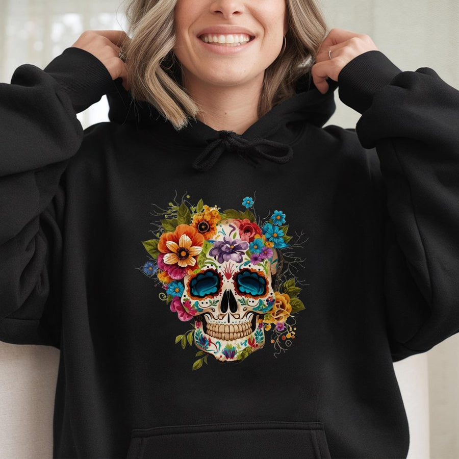 Sugar Skull Hoodie | Floral Dia De Los Muertos Graphic Print | Premium Cotton-Blend Pullover | Boho Day Of The Dead Gift For Men And Women