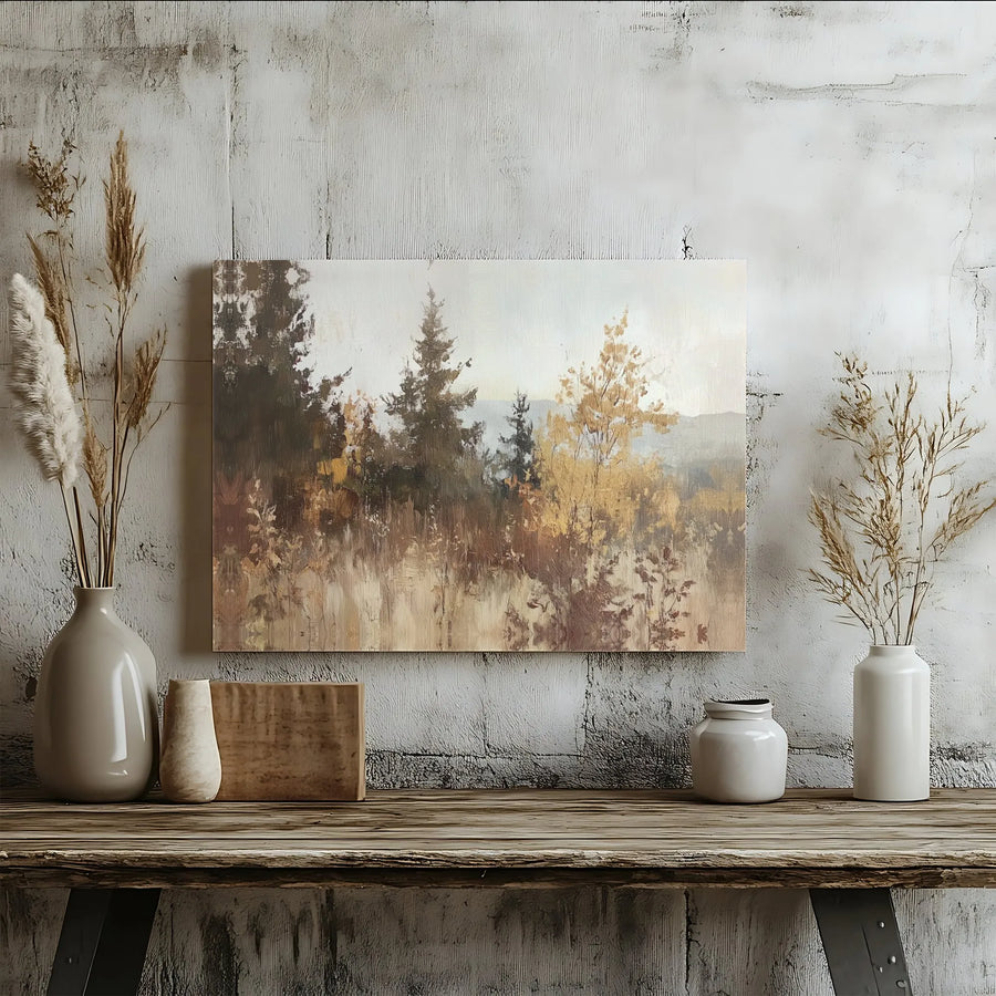 Autumn Forest Landscape Canvas Wall Art | Abstract Pine Tree Print | 1.25 Inch Gallery Wrap | Neutral Home Decor For Living Room