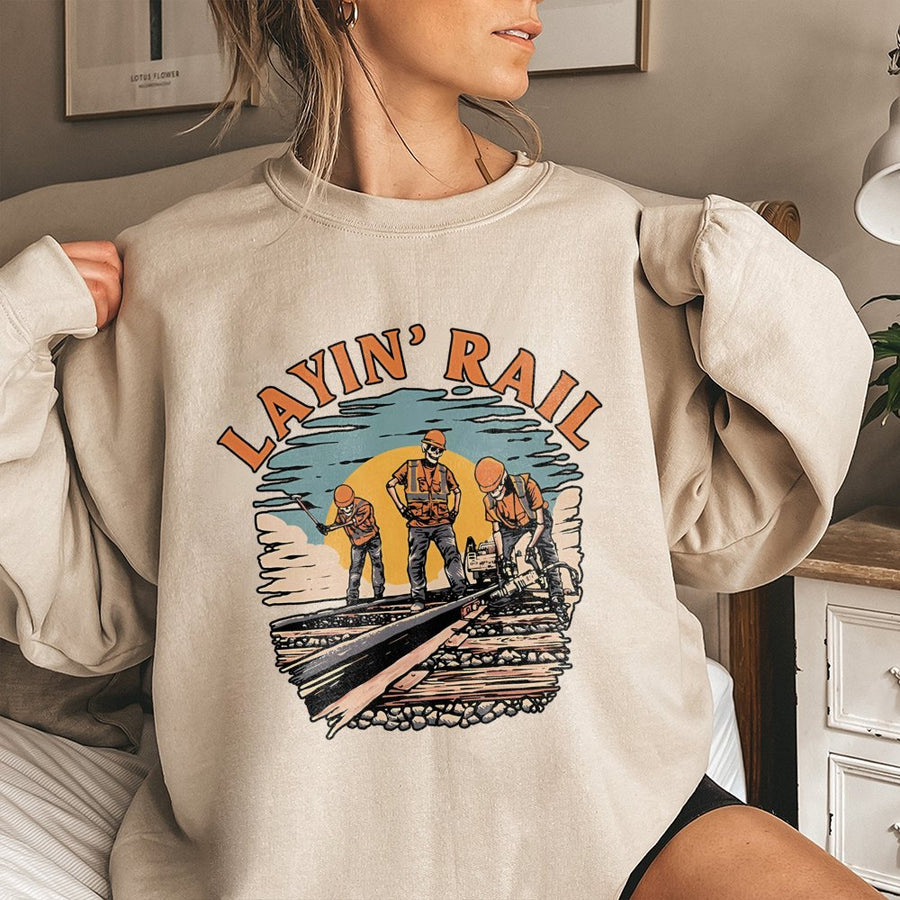 Railroad Worker Sweatshirt | Layin' Rail Vintage Track Crew Design | Premium Cotton Blend Crewneck | Gift for Train Conductor or Railroader