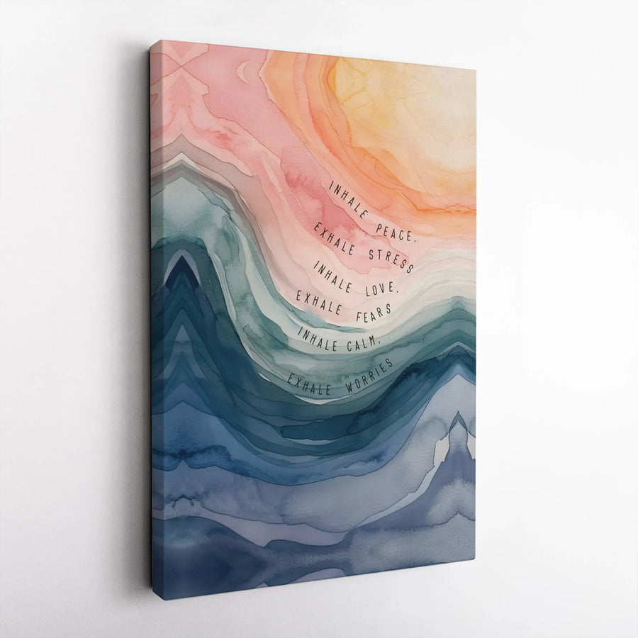 Inhale Peace Exhale Stress Wall Art | Abstract Watercolor Mindfulness Quote Canvas | Premium Gallery-Wrapped Decor | Calming Gift for Yoga Meditation Space