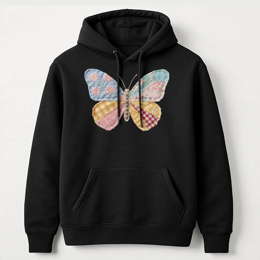 Patchwork Butterfly Hoodie | Faux Quilt Style Graphic Tee | Soft Cotton Shirt | Cottagecore Spring Gift for Women