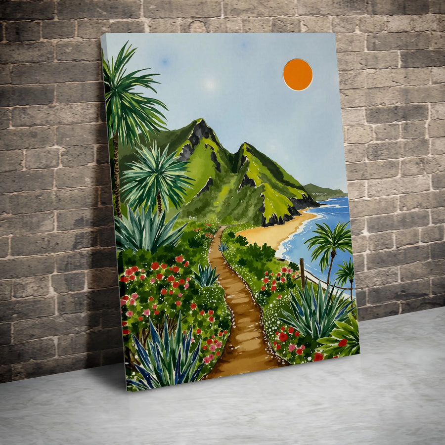 Tropical Coastal Path Canvas | Vibrant Watercolor Seascape Print | Premium Gallery-Wrapped Wall Art | Unique Home Decor Gift