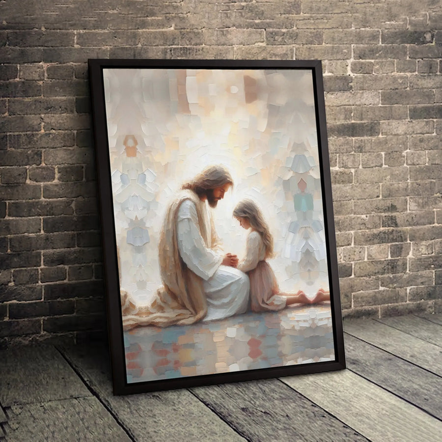 Jesus and Child Canvas Wall Art | Kneeling Prayer Christian Decor | Premium Fade-Resistant Gallery Wrap | Spiritual Religious Gift for Home