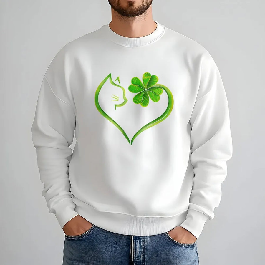 St Patricks Day Cat Sweatshirt | Four Leaf Clover Heart Design | Soft Cotton Blend | Lucky Irish Gift for Cat Lovers