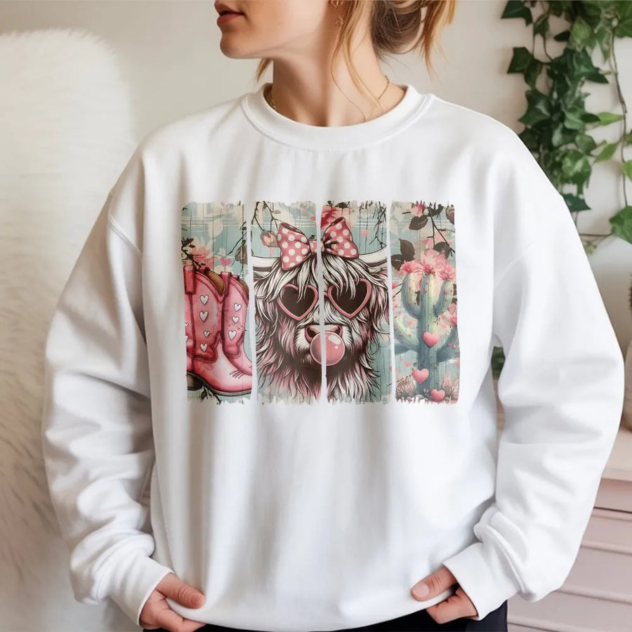 Highland Cow Valentine Sweatshirt | Western Pink Cowgirl Aesthetic | Soft Cotton Blend Crewneck | Cute Heart Pattern Gift for Her