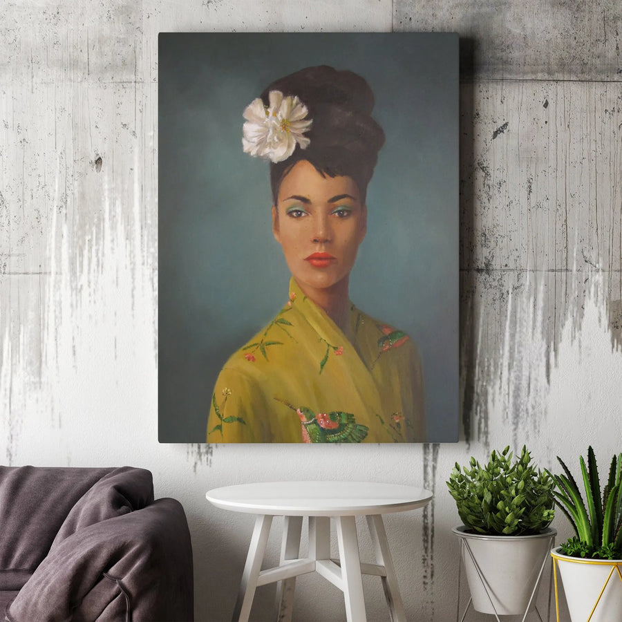 Hummingbird Woman Portrait Canvas | Vintage Style Painting with Floral Kimono | Premium Gallery Wrap | Unique Living Room Wall Art Gift