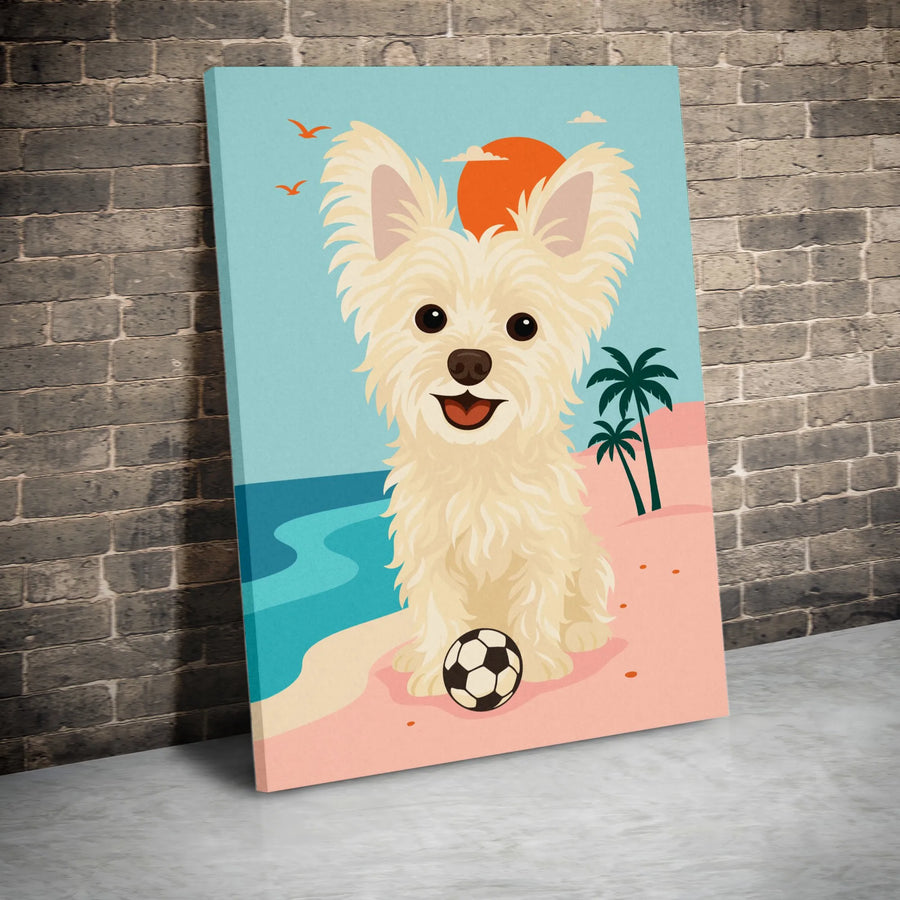 Cute Dog Beach Canvas Print | Retro Tropical Soccer Art | Premium Gallery Wrapped Wall Decor | Gift For Dog Lovers & Soccer Fans