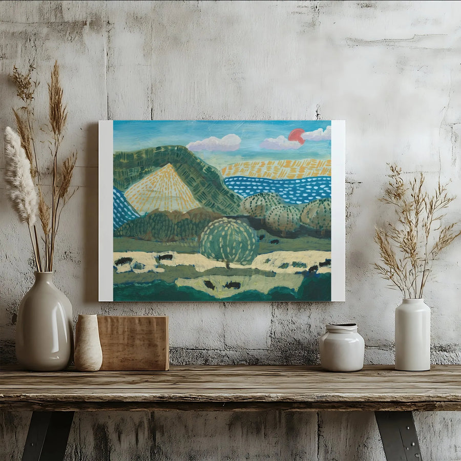 Folk Art Cow Landscape Canvas | Rustic Pastoral Painting Print | Premium Gallery Wrap Wall Art | Modern Farmhouse Living Room Decor Gift