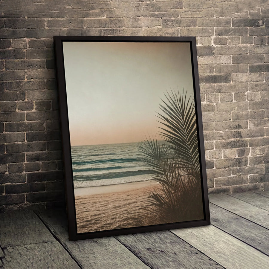 Coastal Beach Wall Art | Calm Sunset Palm Tree Photography | Premium Gallery Wrapped Canvas | Minimalist Home Decor Gift
