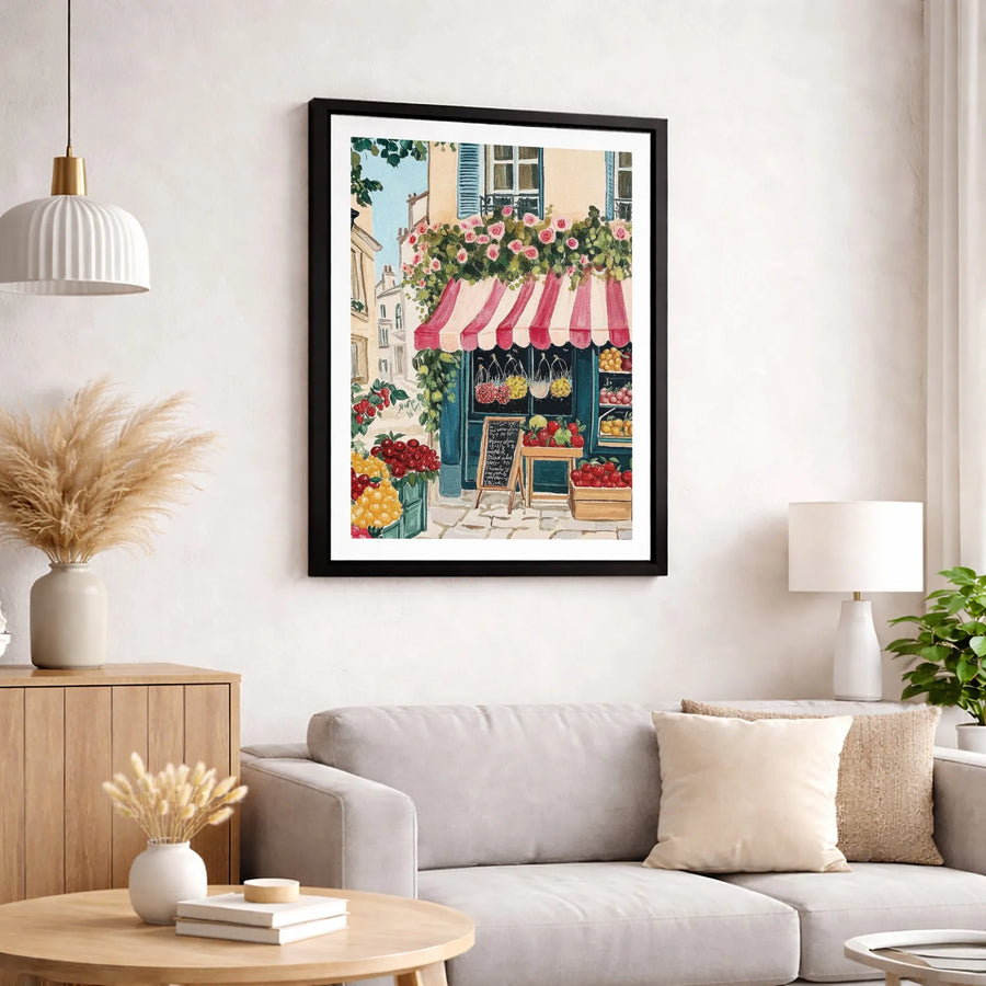 Parisian Fruit Stand Canvas Art | Watercolor Street Market Scene | Premium Gallery Wrap Print | French Country Kitchen Home Decor