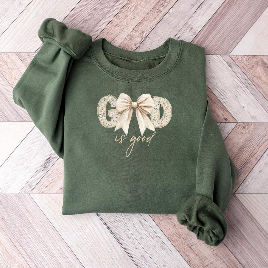 God Is Good Sweatshirt | Floral Lettering With Aesthetic Bow Design | Soft Cotton Blend | Religious Christian Gift For Women Faith Apparel