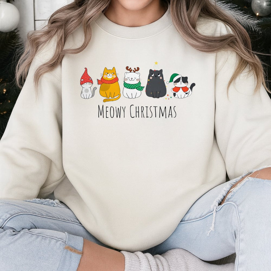 Meowy Christmas Sweatshirt | Cute Cat Holiday Graphic | Premium Cotton Blend Crewneck | Funny Gift for Cat Lovers
