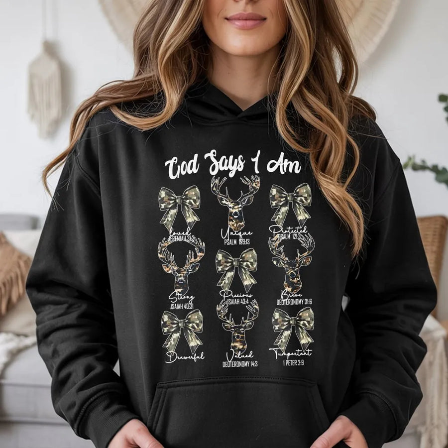 God Says I Am Bible Verse Hoodie | Camo Deer And Bow Design | Premium Soft Cotton Blend | Religious Faith Gift For Hunters