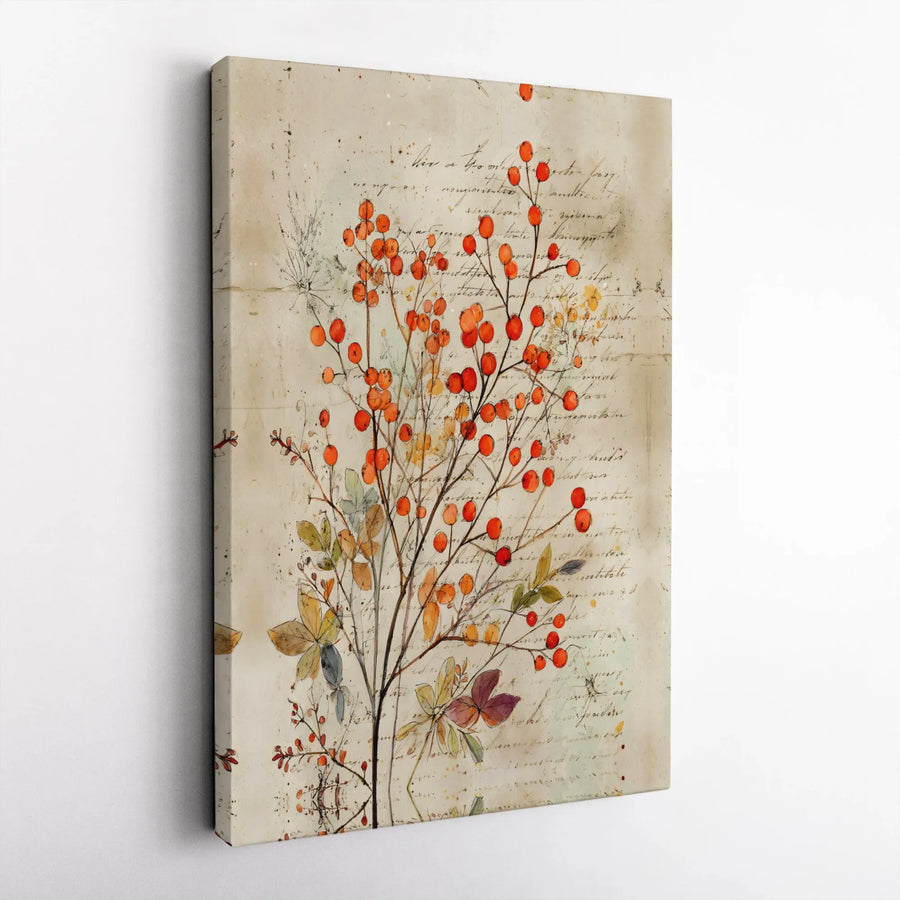 Autumn Berry Botanical Canvas Wall Art | Vintage Script Cursive Background | Premium Gallery Wrap Print | Farmhouse Living Room Decor Gift