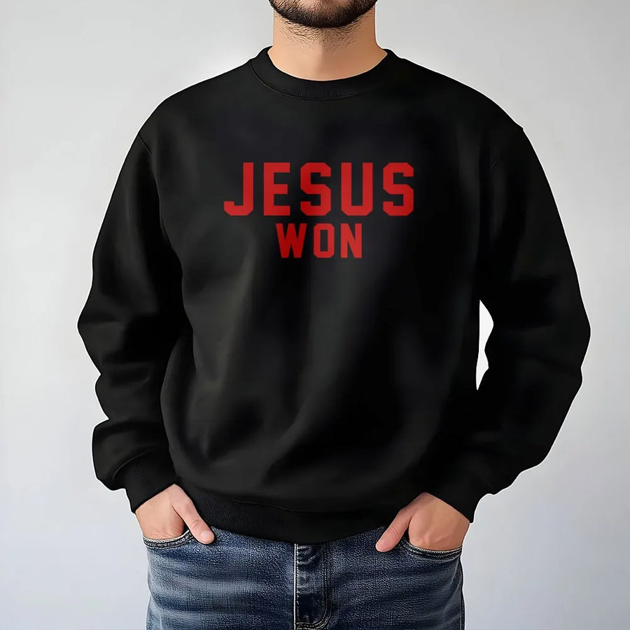 Jesus Won Sweatshirt | Minimalist Christian Faith Graphic | Premium Soft Blend Crewneck | Unisex Religious Gift for Men and Women