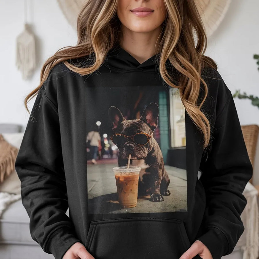 French Bulldog Hoodie | Funny Dog with Iced Coffee Graphic | Premium Cotton Blend Sweatshirt | Gift for Frenchie Mom & Coffee Lover