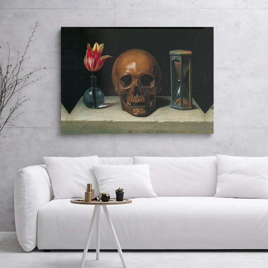 Vanitas Still Life Canvas Print | Skull Tulip Hourglass Baroque Art | Gallery Wrap Premium Wall Decor | Moody Gothic Home Office Wall Art