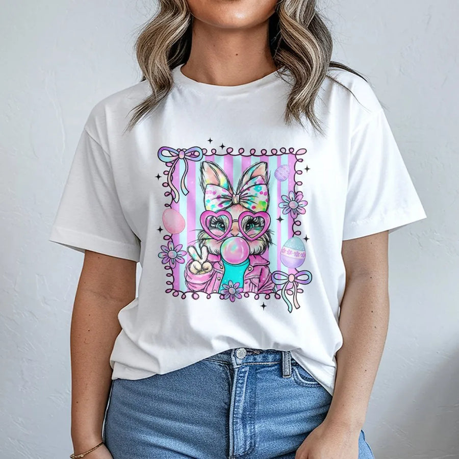 Cute Easter Bunny T-Shirt | Retro Bubble Gum Peace Sign Design | Premium Soft Cotton Tee | Fun Spring Holiday Gift for Women and Teens
