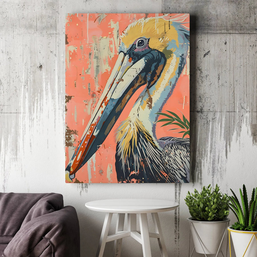 Pelican Wall Art Canvas | Abstract Coastal Bird Portrait | Premium Fade-Resistant Gallery Wrap | Modern Home Decor Gift for Bird Lovers