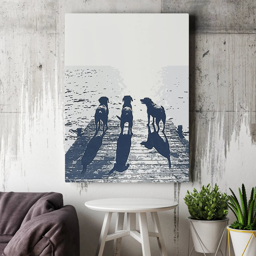 Three Dogs On Dock Wall Art | Silhouette Lake View Canvas Print | Premium Gallery-Wrapped Decor | Dog Lover Gift for Home Office