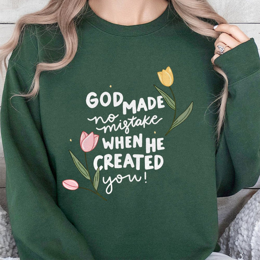 God Made No Mistake Sweatshirt | Floral Christian Faith Design | Cotton Blend Crewneck | Inspirational Religious Gift For Her