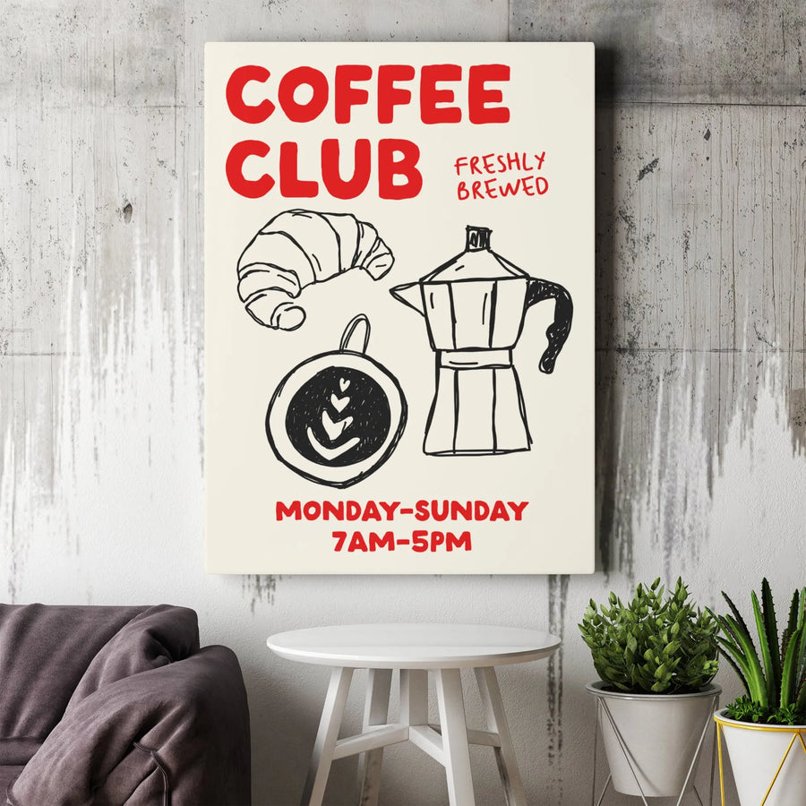 Coffee Club Canvas Wall Art | Doodle Sketch Moka Pot and Croissant | Premium 1.25 Inch Gallery Wrap | Cafe Decor for Kitchen or Coffee Bar