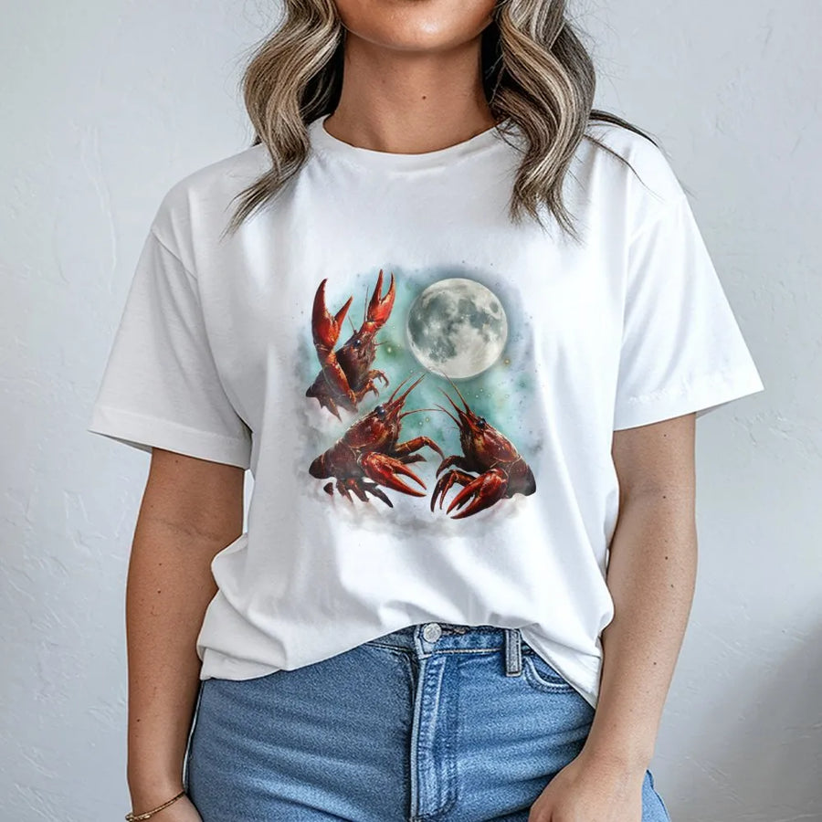 Crawfish Moon T-Shirt | Surreal Lobster Full Moon Graphic | Cozy Cotton Blend Pullover | Gift for Seafood Lover