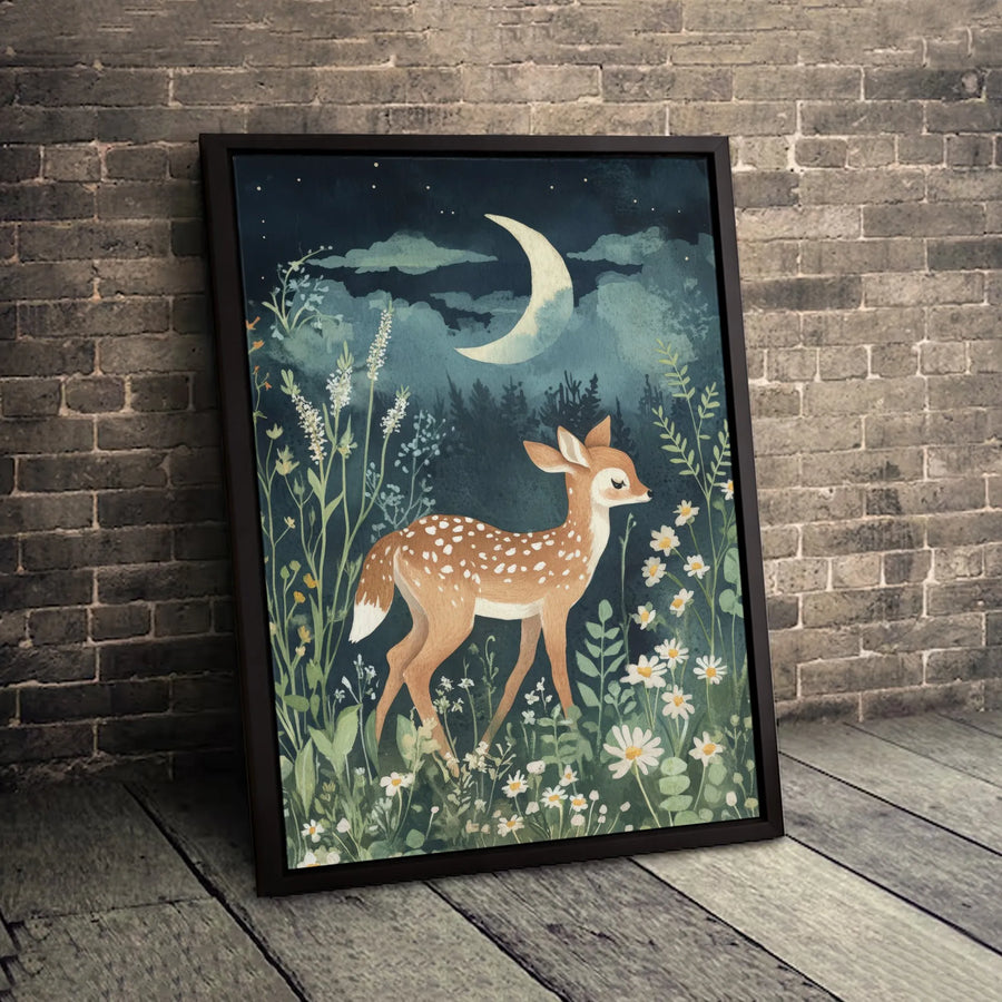 Baby Fawn Wall Art | Whimsical Night Forest Canvas Print | Gallery-Quality Decor | Nursery and Woodland Home Decor Gift