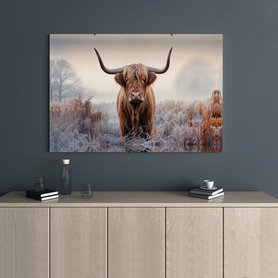 Highland Cow Wall Art | Frosty Winter Meadow Canvas Print | Premium Gallery Wrap Decor | Farmhouse Living Room Gift