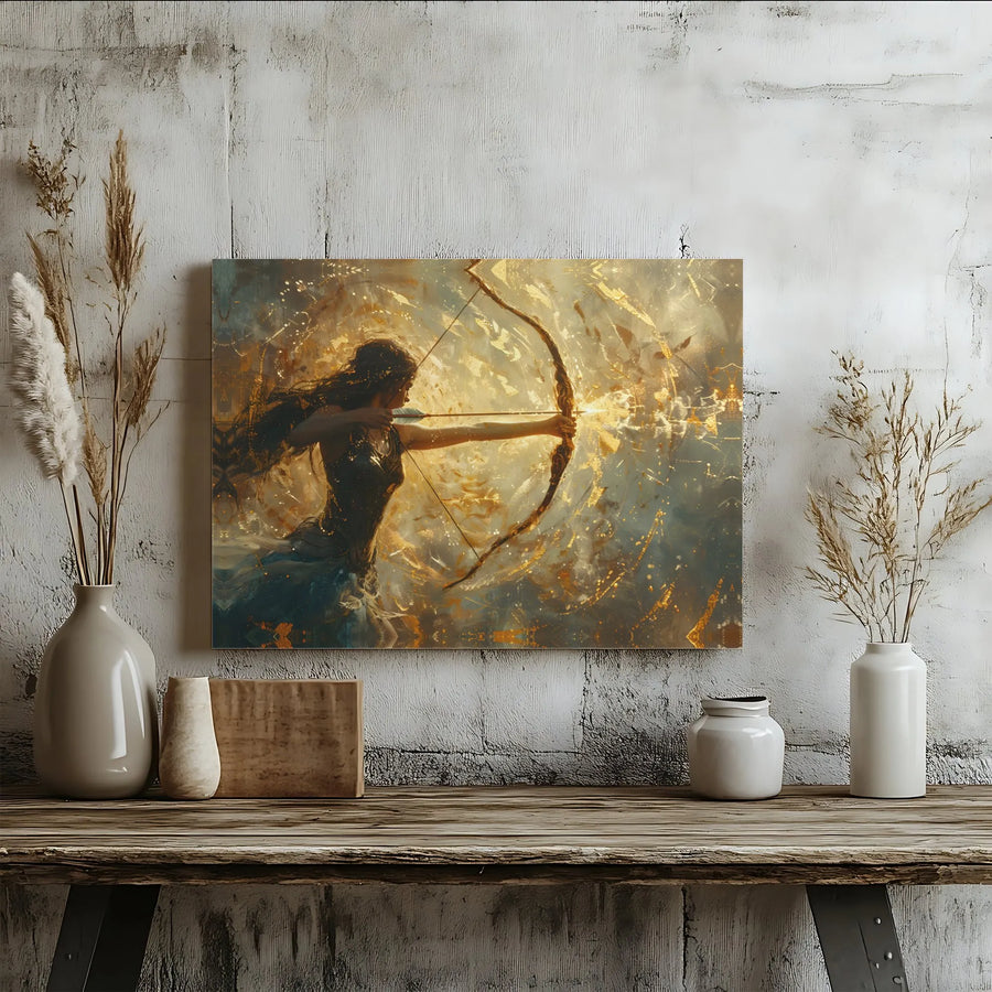 Female Archer Canvas Wall Art | Golden Abstract Warrior Goddess Decor | 1.25” Gallery Wrap Premium Print | Empowering Fantasy Home Decor