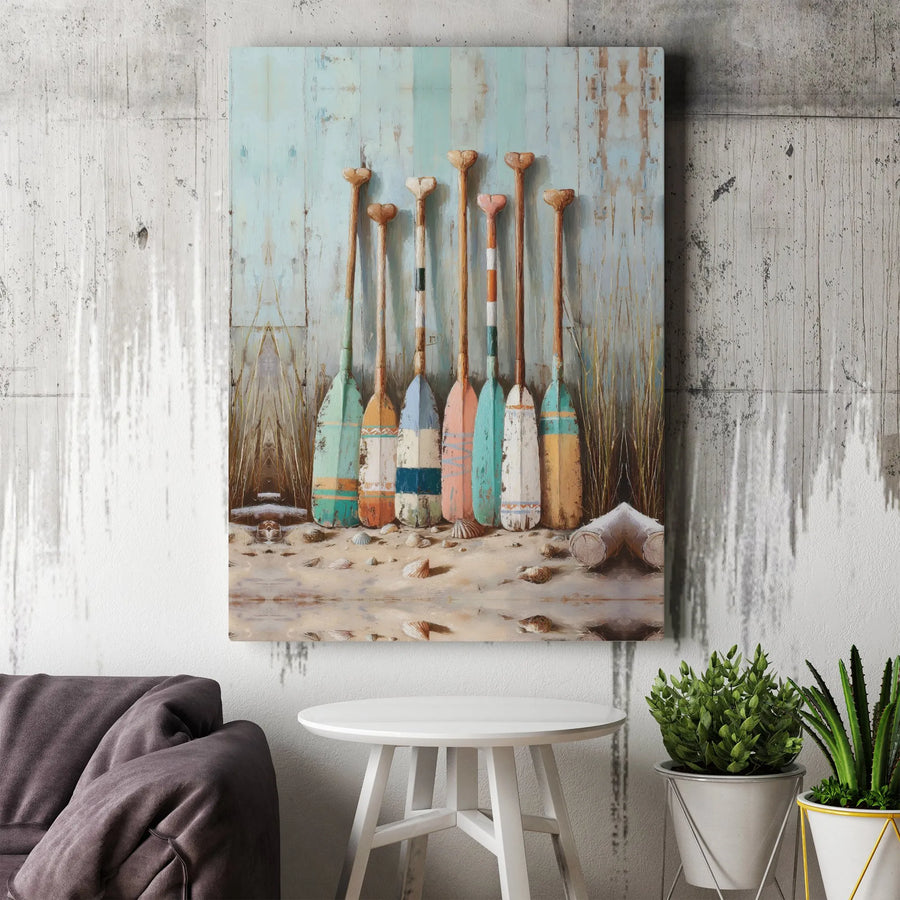 Coastal Paddle Wall Art | Colorful Weathered Boat Oars Painting | Premium Canvas Print | Nautical Beach House Decor Gift