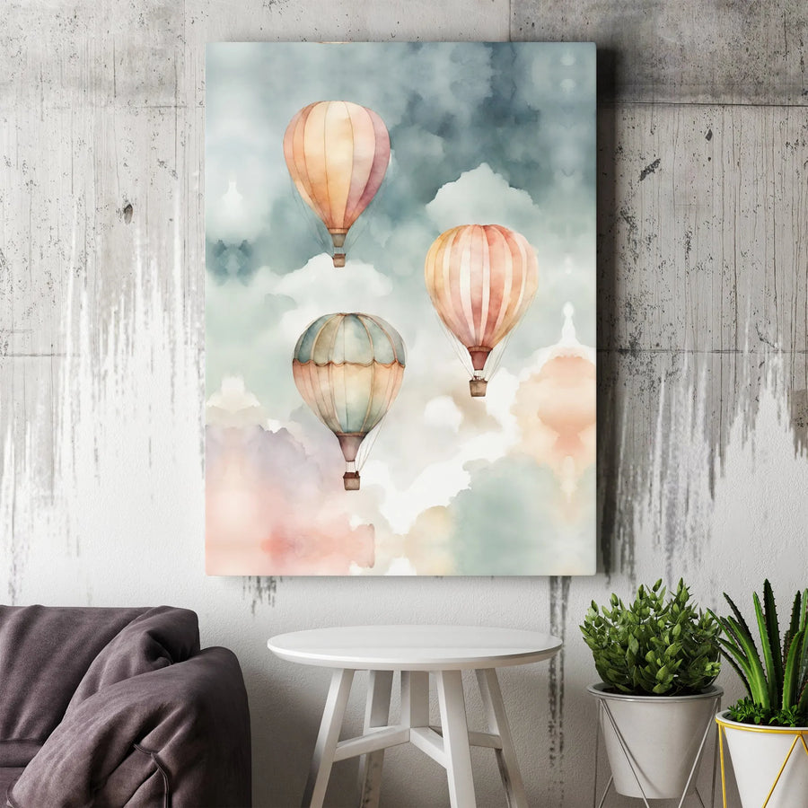 Watercolor Hot Air Balloon Canvas Wall Art | Dreamy Sky Nursery Decor | Premium Gallery Wrap Print | Whimsical Gift For Kids And Travel Lovers